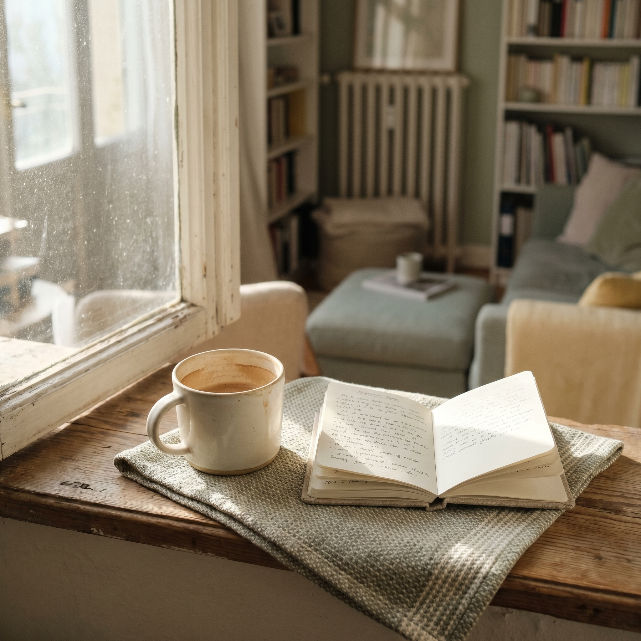 Koffie en notitieboek bij het raam